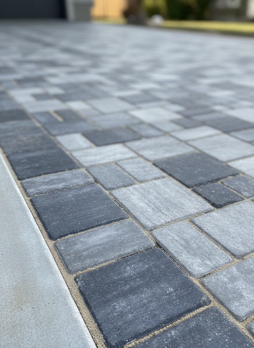 A close-up, detail-focused view of interlocking pavers used for a driveway on the South Shore of Montreal, showcasing the tight, even joints filled with fine polymeric sand. The pavers vary slightly in tone from cool light grey to deeper slate, with a subtle textured surface that catches light differently on each stone. The edge restraint is visible along one side, a solid concrete border holding the structure in place. Gentle, diffused afternoon light emphasizes the texture without harsh shadows. Captured in photographic realism with shallow depth of field so the foreground stones are in crisp focus and the background softly blurred, the mood is technical and precise, ideal for highlighting craftsmanship in exterior paving.