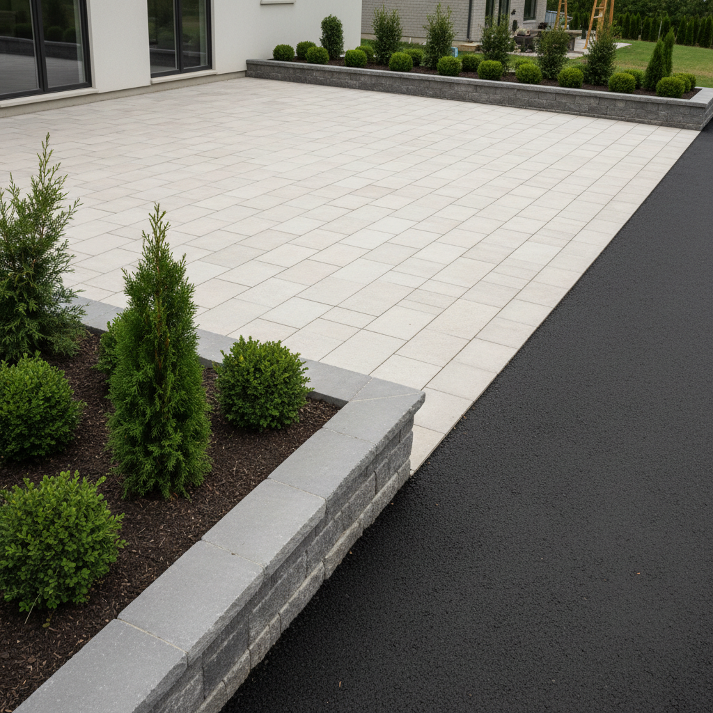 A contemporary backyard patio composed of large-format pale beige slabs of uni-stone, seamlessly aligned to create a generous outdoor living area. The surface meets a smooth, freshly laid asphalt driveway with a clean, precise joint. Along the patio’s edge, a low retaining wall built from textured stone blocks supports a raised garden bed filled with dark soil and structured shrubs. Soft overcast daylight evenly illuminates the scene, minimizing harsh shadows and emphasizing materials and craftsmanship. Captured from a wide-angle, slightly elevated perspective in photographic realism, the composition follows the rule of thirds, conveying a calm, modern, and highly functional exterior layout suitable for a professional landscaping company.