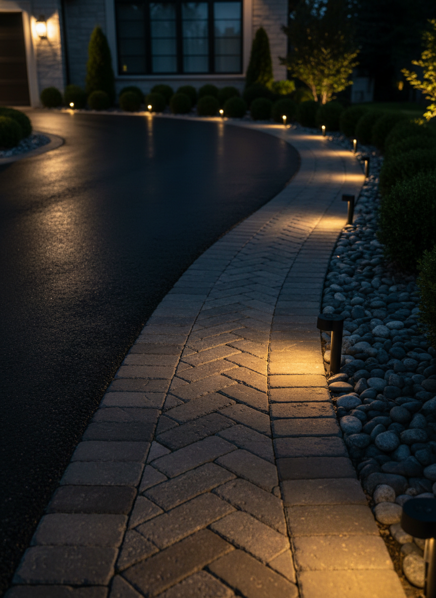 A night-time view of a professionally landscaped driveway and walkway combination, where dark, smooth asphalt contrasts with a patterned uni-stone path leading to the home. Discreet LED ground lights are installed along the paver edges, casting warm, low glows that outline the curves and highlight the textures of the stones. The asphalt surface reflects subtle light, appearing freshly finished and flawless. Surrounding planting beds with low shrubs and decorative stones fade softly into the background. Shot in photographic realism from a low angle near the ground, with controlled exposure to capture detail without glare, the mood is high-end, secure, and polished, underlining the quality of exterior surfacing and lighting design.