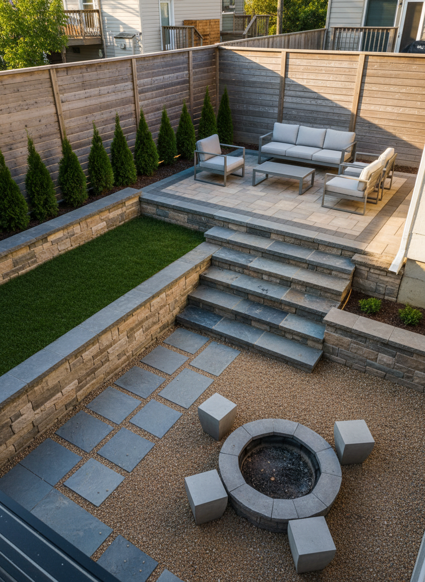 A compact urban backyard completely reimagined with multi-level terracing: broad stone steps in natural slate tones lead from a uni-stone terrace down to a lower section surfaced in fine compacted gravel. Low stone retaining walls define each level, their textured faces catching soft morning light. A narrow strip of neatly trimmed grass and a row of columnar shrubs provide greenery without clutter. The camera captures the scene from a corner at a slightly elevated angle, showcasing the depth and functionality of the layout. In photographic realism with sharp detail, the mood is efficient, stylish, and tailored for small South Shore lots, emphasizing terrace construction and thoughtful exterior design.