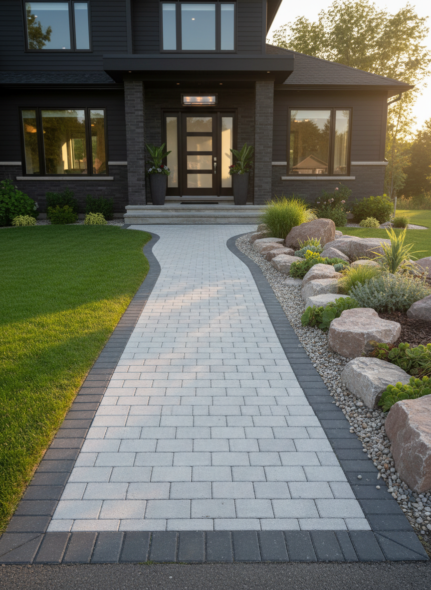A front entrance on the Rive-Sud de Montréal transformed with an elegant uni-stone walkway leading from asphalt driveway to the main door. The path curves gently, formed of light grey pavers with a contrasting dark border that wraps neatly around each bend. On one side, a carefully graded lawn meets the stone edge; on the other, a small decorative rock garden with boulders and drought-tolerant plants adds texture. Warm golden hour sunlight rakes across the scene, accentuating joint lines and subtle color variations. Photographed at eye level with moderate depth of field in photographic realism, the atmosphere is welcoming, refined, and clearly the result of expert exterior planning.